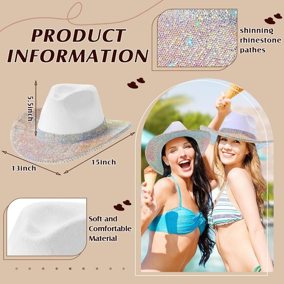 White Women Cowgirl Hat Hercicy Rhinestone Bling Western Wide Diamond Fringe - Picture 3 of 6